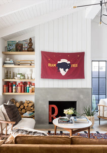 Flag Description: navy blue buffalo on a white arrowhead on red field with yellow letters